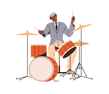Musician playing at drum kit. African-American drummer performing retro music at percussion instrument. Black man player, solo performance. Flat vector illustration isolated on white background