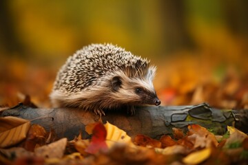 Hedgehog autumn wild forest. Mammal fall. Generate Ai
