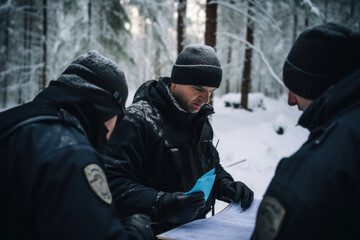 Officers conducting a tactical briefing in a snow-covered field, highlighting leadership and strategy. Generative Ai - obrazy, fototapety, plakaty