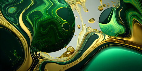 Abstract marble textured background. Fluid art modern 3d wallpaper. Luxury marble with green and gold paint. Generative Ai.
