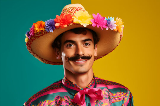 Cheerful Mexican man in colorful unique male Mexico national costume, Poncho with Sombrero, Charro uniform
