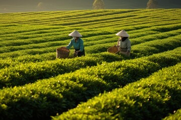 Farmers, people, workers harvest tea leaves. Working in the tea fields at dawn. AI generated