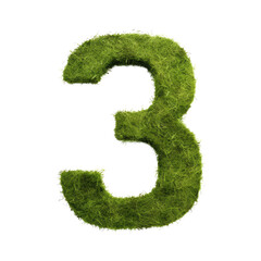 green grass forming number three, 3, alphabet text font character isolated on white in nature, growth and eco environment concept.