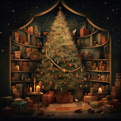 christmas tree in the night christmas, tree, fireplace, room, xmas, home, holiday, decoration, christmas tree, lights, 