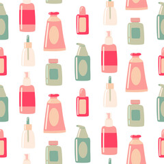 Seamless pattern with of Beauty elements, bottle, containers, jars. cream, lotion, toothpaste, soap, conditioner background