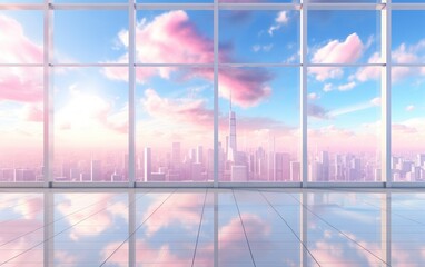 City view from windows of modern clean business office without people in pink and blue colors. Huge panoramic windows and city with pink sunbursts, copy space for text. Cover presentation