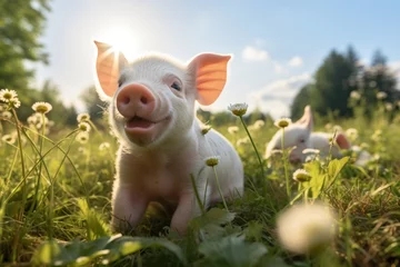 Fotobehang Healthy and happy baby pigs in the green field. Ai generative © Attasit