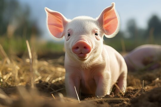 Healthy and happy baby pigs in the green field. Ai generative