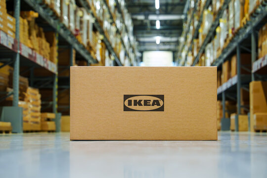Tallinn, Estonia, 23.10.2023. Ikea cardboard box on warehouse floor, compact and ready for delivery and assembly.