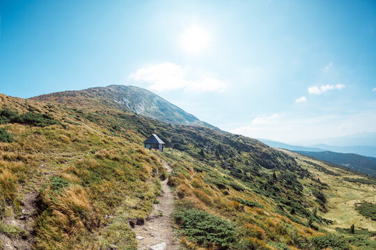 Hiking trail through Carpathian mountains of Ukraine. Summer nature scenery with beautiful views and of mounting peak Hoverla. High quality photo