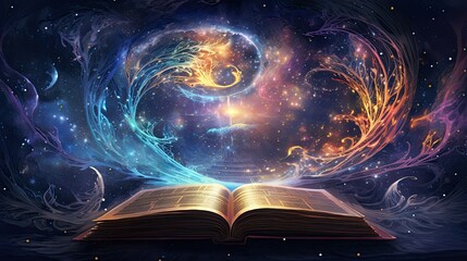 Open magic book with galaxy milky way stars other dimension cloud space fantasy