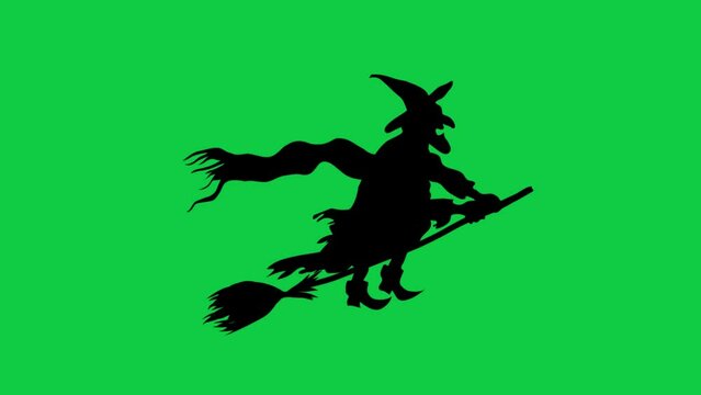 Halloween Witch silhouette flying on green screen animation. Halloween Decoration.4k motion graphics