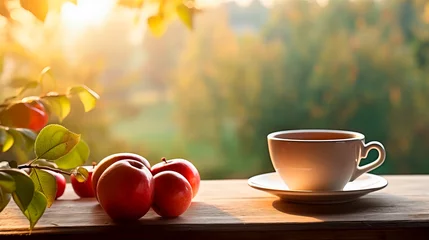 Foto op Canvas Cup of delicious  hot tea with apples in soft morning light. Serene and peaceful. Shallow field of view with copy space. © henjon