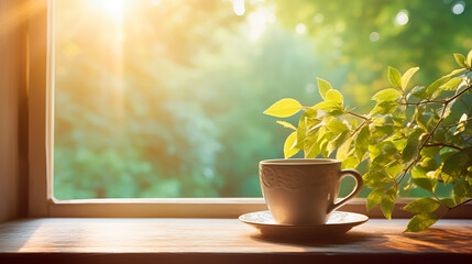 Cup of delicious  hot tea with apples in soft morning light. Serene and peaceful. Shallow field of view with copy space.