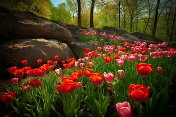 Vibrant tulip blossoms in a natural spring setting. Generative AI