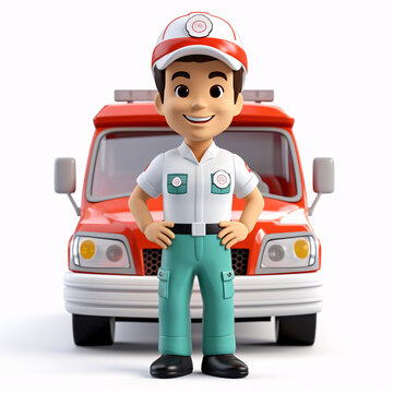 Male ambulance driver character illustration, with ambulance. AI generated.