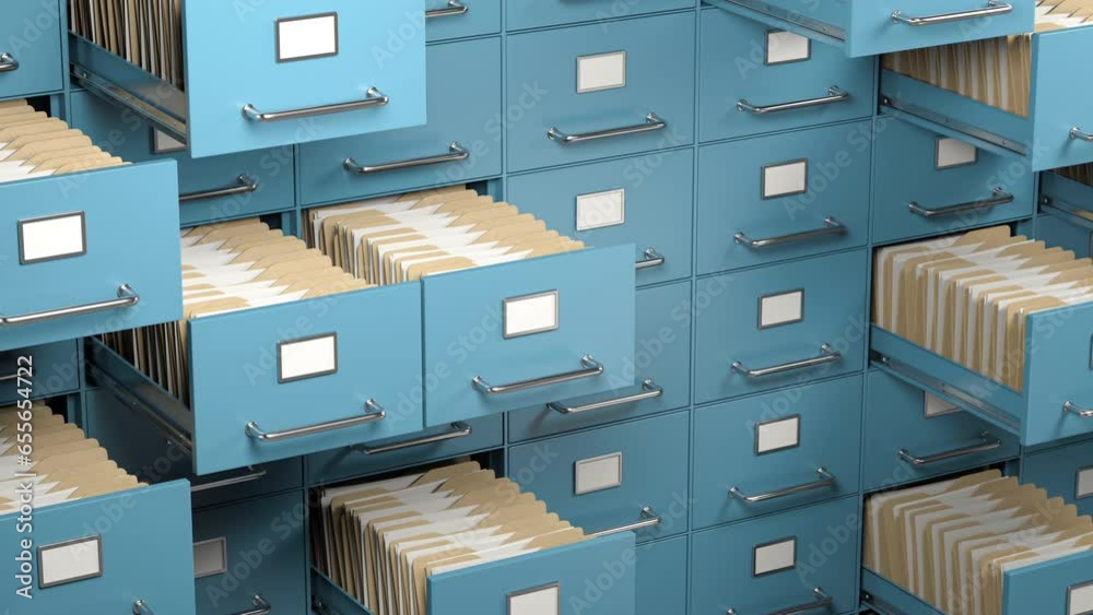 Poster File cabinet with folders. Search archive, documentation and buraucracy concept. 3d video animation