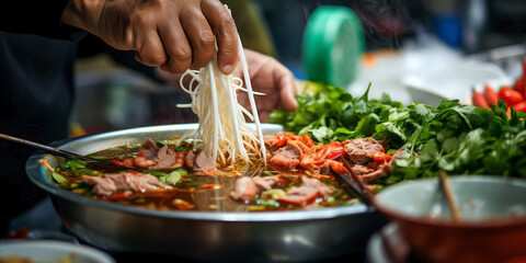 Close up of hand handling Vietnamese pho.