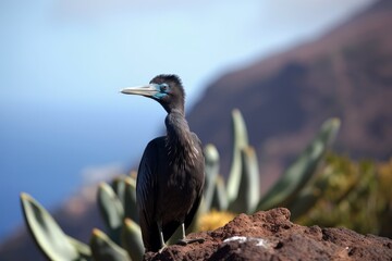 Fototapeta premium A bird perched on a rock with a cactus in the backgroun