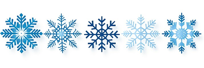 Winter and Christmas background of assorted blue and white snowflakes on a white background. Generative AI