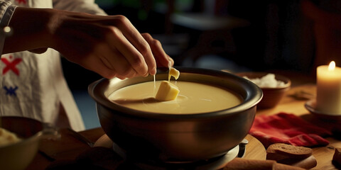 Fototapeta na wymiar Close up of hands of non recognizable people handling Swiss fondue.