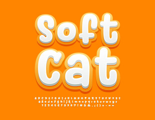 Vector funny logo Soft Cat. Cute Alphabet Letters, Numbers and Symbols. Handwritten 3D Font.
