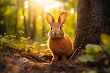 Adorable bunny with sharp ears in nature. Generative AI