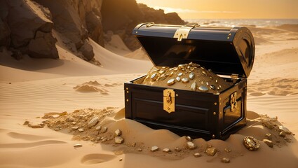 Sunrise Reflection on Antique Treasure Chest at Coastal Shore