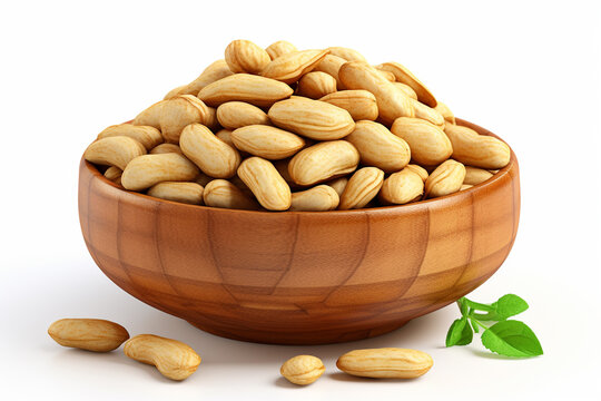 almond nuts in wooden bowl isolated on white background, clipping path included