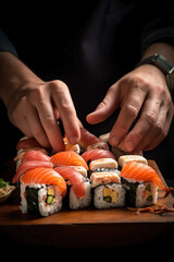 Close up of hand handling Japanese sashimi sushi.