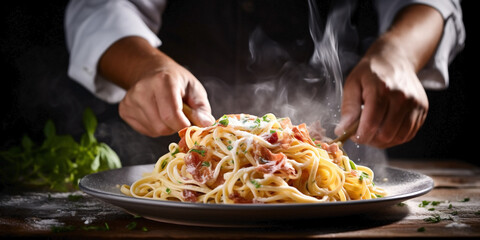 Close up of hand handling Italian pasta carbonara. - obrazy, fototapety, plakaty