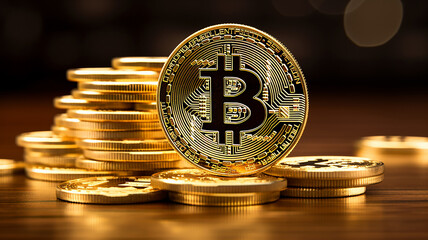 bitcoin coin standing on top of other gold coins