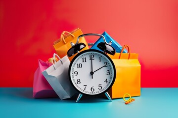 sales concept with alarm clock and colourful shopping bags  - obrazy, fototapety, plakaty