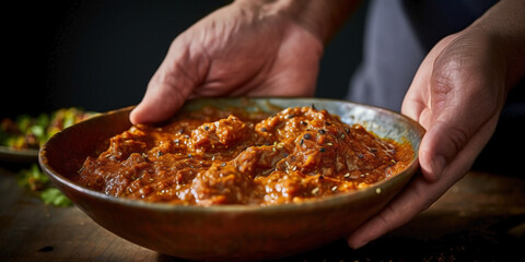 Close up of hands of non recognizable people handling Indian curry. - obrazy, fototapety, plakaty