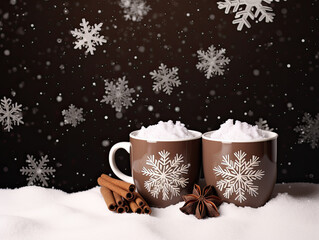 Obraz na płótnie Canvas Two cups of cocoa or coffee latte on the snow with cinnamon sticks and anise on a falling snowflakes background. Free space for product placement or advertising text.