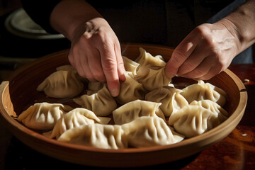 Close up of hand handling Chinese dumplings.