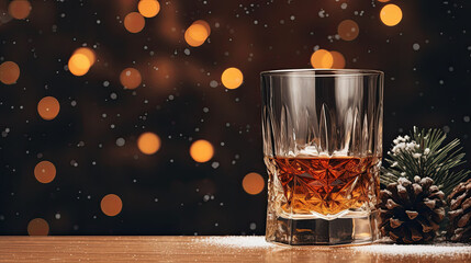A wide glass of whiskey or bourbon with a fir branch and a pine cone on a wooden table. Falling snowflakes and blurry lights on the background. Free space for product placement or advertising text. - obrazy, fototapety, plakaty