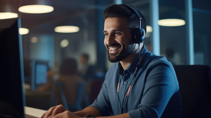 Focused businessman telemarketer tele sales agent wear wireless headset make conference video call talk consult online client on computer, male helpline operator work in customer care support office - obrazy, fototapety, plakaty