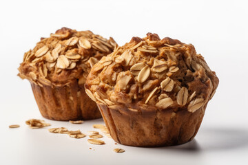 Baked fresh oats muffins with granola isolated on white background . Concept of healthy food