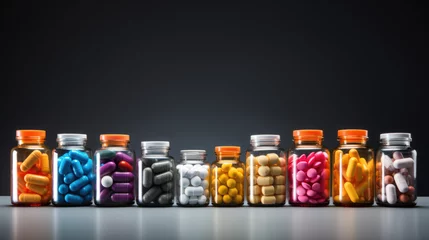 Poster Colorful medical capsules, pills, vitamins, tablets, drugs, meds in clear plastic bottle for sale at pharmacy drug store, pharmaceutical exhibition. Pharma industry, medicine and healthcare concept © Ruslan Gilmanshin