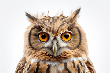 Owl with big eyes sitting on a wooden branch isolated on white background