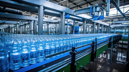 Fototapeta premium Bottling plant - Water bottling line for processing and bottling carbonated water into blue bottles.