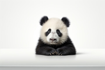 Cute panda sitting on the table isolated on white background.