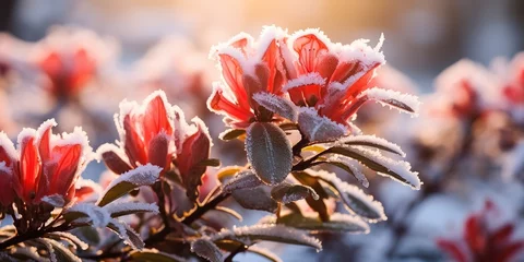 Fototapeten Frozen azalea with red leaves © Zaleman