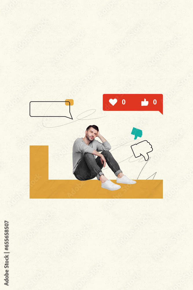 Aufkleber picture sketch collage of stressed depressed unpopular blogger sitting have bad mood thumb down reac