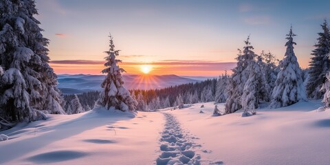 Winter landscape with forest - obrazy, fototapety, plakaty