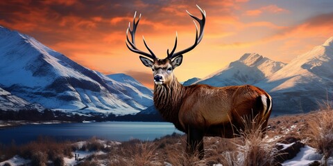 A red deer striking mountain peaks in a winter landscape
