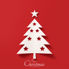merry christmas tree with white paper tops on red background, christmas tree design in paper style