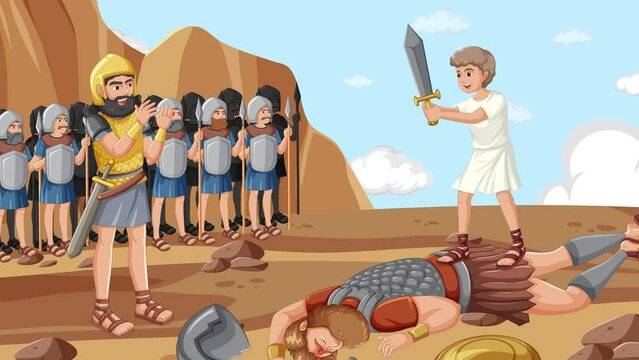 Religious animation depicting David's triumphant victory over Goliath in the biblical story.