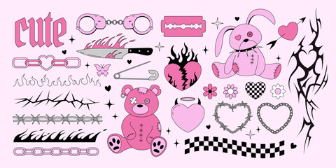 Y2k emo goth stickers collection. Old bear and bunny toys, hearts, spikes, tattoo, flame, knife in 2000s style. Black and pink gothic cliparts. Vector illustration - obrazy, fototapety, plakaty